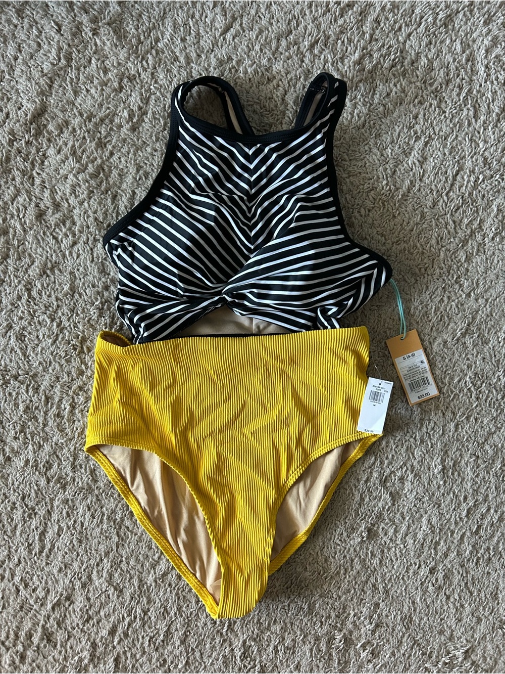 Striped Black & White High Neck Bikini Top with Yellow High-Waist Bottoms